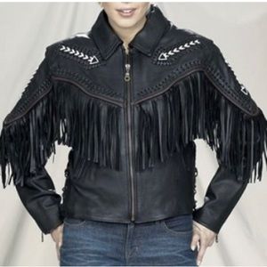 Women’s  leather motorcycle jacket/fringes &arrows on shoulders/ sleeves…